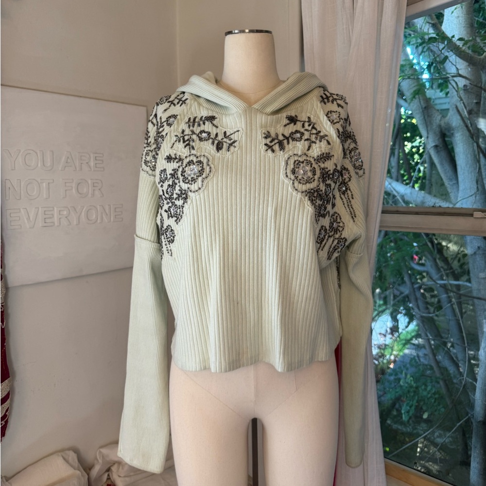 Free People Floral Beaded Embellished / Embroidered Knit Hoodie Pullover Sweater